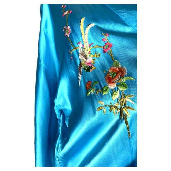 Vintage Golden Bee Turquoise Blue Embroidered Robe Kimono - Picture 9 of 11